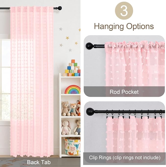 Boho Pom Pom Curtain for Girls Bedroom Light Pink Sheer Curtains for Living Room 96 Inch Length 2 Panels Airy Sunlight Filtering Back Tab Butterfly Soft Pretty Voile Drape for Princess Baby Pink 52x96