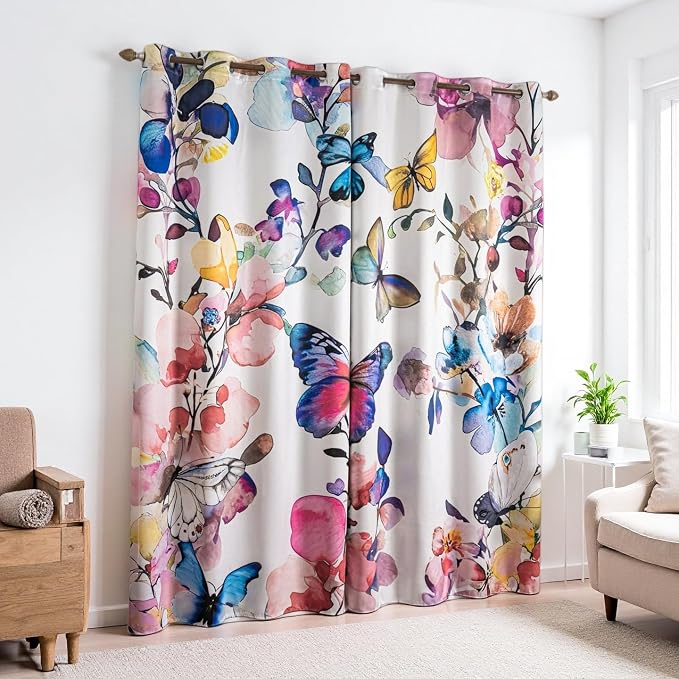 Pink Floral Blackout Curtains 84 inch Long 2 Panels Grommet Colorful Butterfly and Flower Botanical Black Out Curtains for Bedroom Living Room Thermal Insulated Room Darkening Window Drapes,42Wx84L