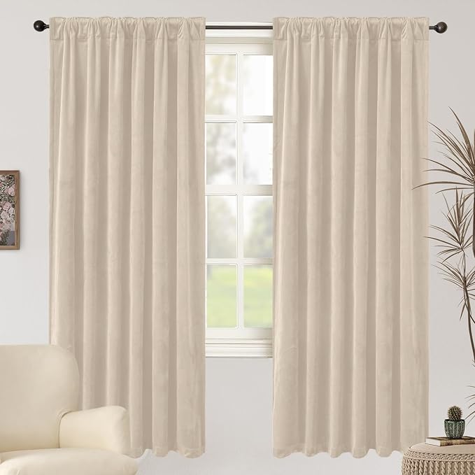 BGment Cream Beige Velvet Curtains 72 Inch Length for Bedroom, Elegant Thermal Insulated Room Darkening Super Soft Window Curtains with Back Tab and Rod Pocket for Living Room, 2 Panels, 52 x 72 Inch