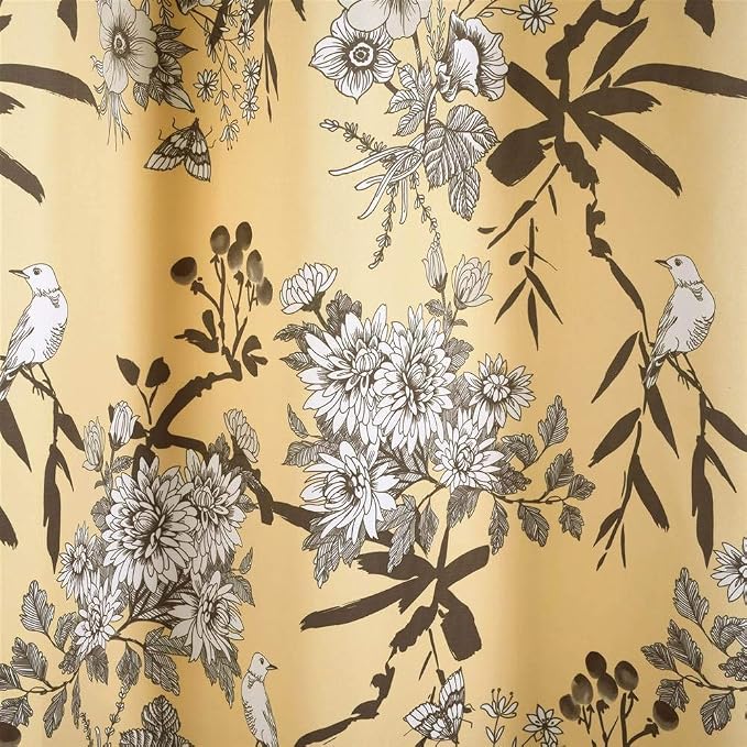 Lush Decor Botanical Garden Curtains Floral Bird Print Light Filtering Window Panel Drapes Set for Living, Dining, Bedroom (Pair), Yellow, 52"W x 84L"