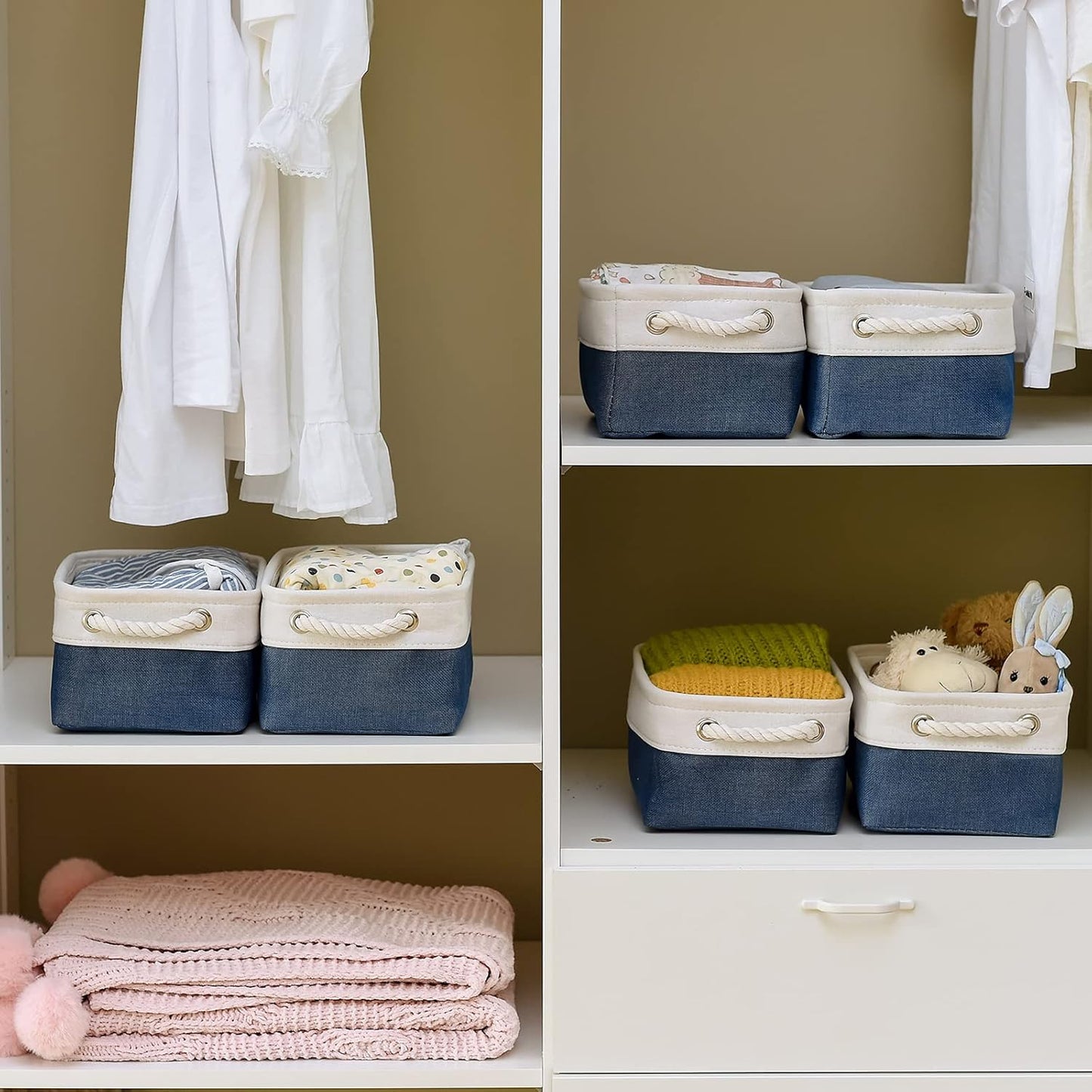 Storage Basket for Organizing - 12x8x5.2 inch Small 6 Pack Fabric Storage Bin Collapsible Baskets for Shelves with Rope, Storage Box for Cloth Decorative Laundry Canvas(White & Blue)