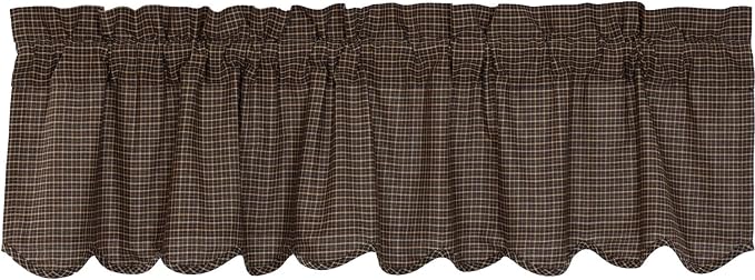 VHC Brands Kettle Grove Window Curtain, Plaid Valance Scalloped, Black, 16x60