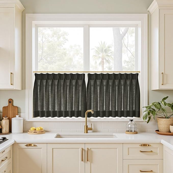 TWOPAGES 42" W x 30" L Linen Blend Cafe Curtains for Kitchen Window, Light Filtering Pinch Pleated Tier Curtains, Modern Farmhouse Half Window Curtains for Bathroom, Black, 2 Panels