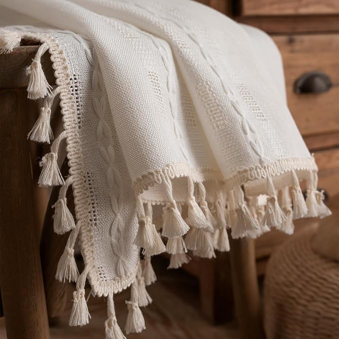 Deeprove Cream White Boho Curtain 84 inches Length for Living Room Bedroom Nursery Doorway Cream Bohemian 84 inches Long Western Stripe Embroidery Privacy Window Fringe Decor W52 x L84, 1 Panel
