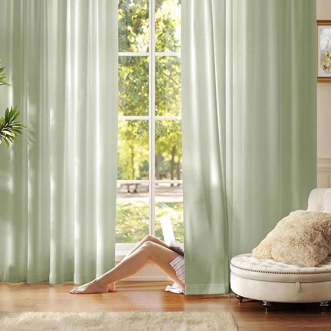 Anmao Non-See-Through Valance Kitchen Curtains 36 Inch Length 2 Panels Set, Privacy Light Filtering Semi Sheer Over Sink Short Cafe Curtain Tiers for Small Windows, 25W x 36L, Sage Green