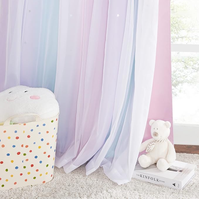 NICETOWN Curtains for Girls Bedroom Double Layer Blackout Curtains Grommet Star Cutout Ombre Window Drapes with Sheer for Living Room 2 Panels in 34 x 84 inch Length, Purple & Blue & Pink