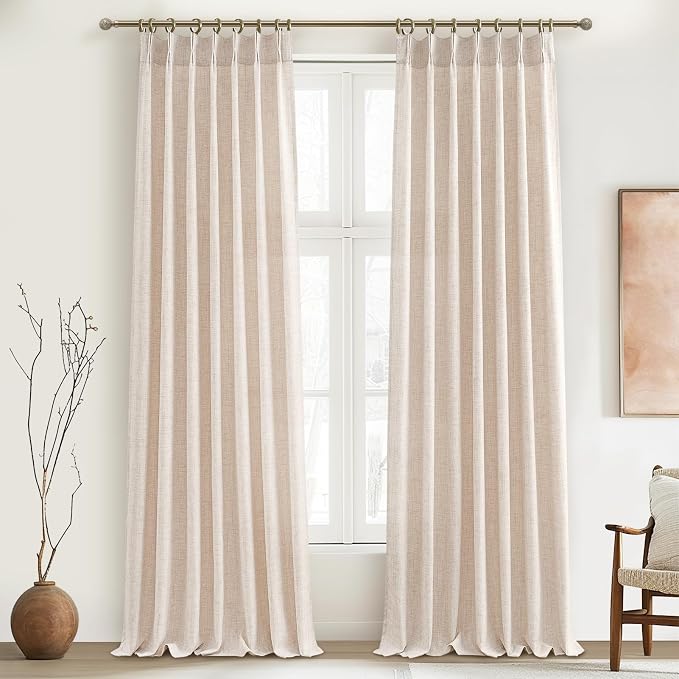 PleatedDrapes Drop Cloth Farm House Tall Curtains for High Living Room, Pinch Pleated Semi Sheer Curtains 120 Inches Long/10 Foot 2 Panels Set with Hook Linen Look Ruffle Light Filtering W40 xL120
