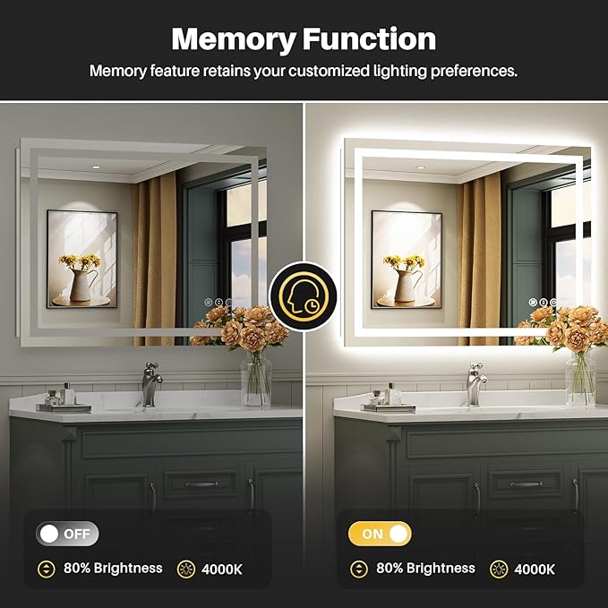 Briivue 40x24 Inch LED Bathroom Mirror with Lights, Backlit & Front Lit, Anti-Fog Lighted Bathroom Vanity Mirror for Wall, Memory Function, Dimmable, HD Tempered Glass, Shatter-Proof