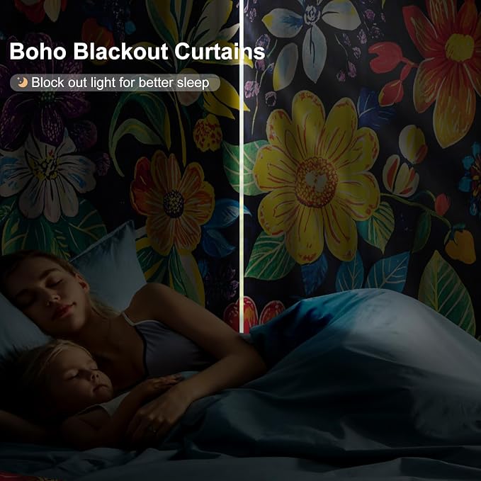 Boho Floral Blackout Curtains 84 Inch Long 2 Panels Set, Grommet Black Out Window Drapes with Curtain Tiebacks, Thermal Insulated Farmhouse Patterned Light Filtering Curtains for Bedroom Livingroom