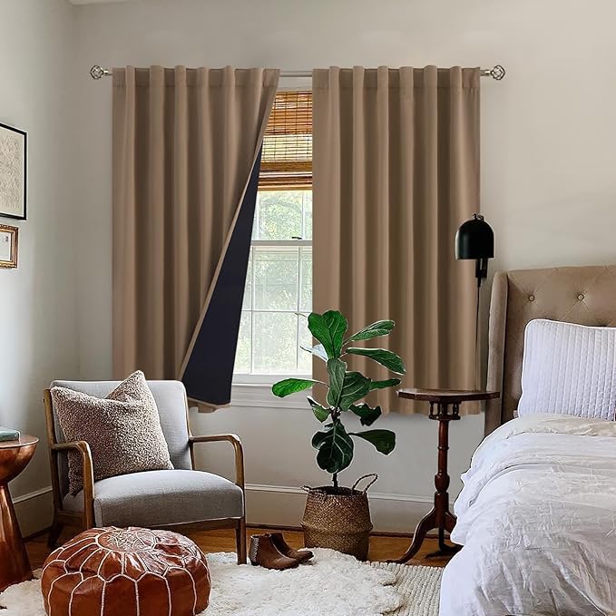 BGment 100% Room Darkening Thermal Insulated Blackout Curtains 54 Inches Long with Liner, Rod Pocket and Back Tab Double Layer Noise Reduce Curtains for Bedroom (52 x 54 Inch, 2 Panels, Taupe)
