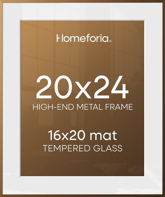 Homeforia Picture Bronze Frame 20x24, High End Metal 20x24 Brass Poster Frames with Mat 16x20 for Photo, 20 x 24 Frame Matted to 16 x 20 Print, 24x20 Hanging Frames, Tempered Glass, Wall Kit, Set of 3