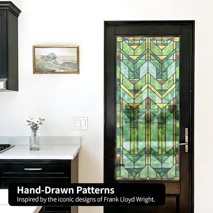 Faux Stained Glass Effect Transparent Window Film, Decorative Window Cling for Front Door Sliding Door Glass Film Decor Inspired by Frank Lloyd Wright, 29.53" x68.9" Martin House, Green