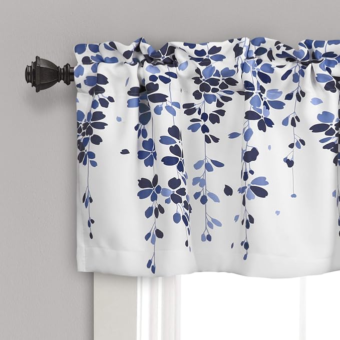 Lush Decor Weeping Flower Room Darkening Valance Curtain 52" W x 18" L + 2" Header White & Navy - Valances for Windows - Floral Kitchen Curtains
