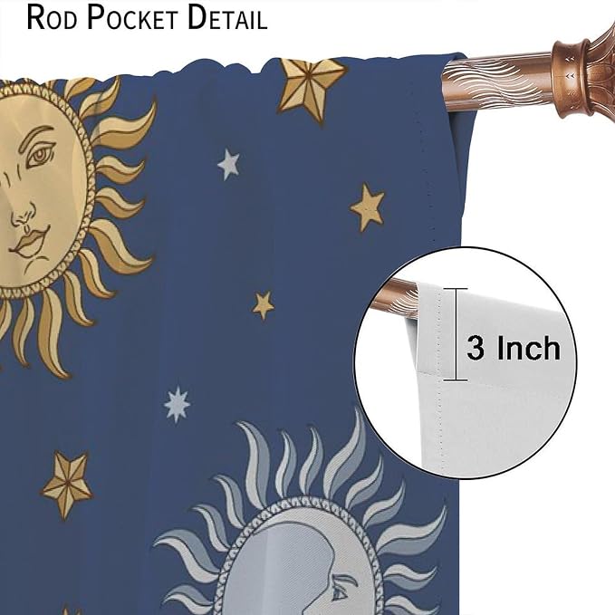 Vintage Sun Moon Bohemian Blackout Window Curtains, Retro Boho Style Print Rod Pocket Window Drapes, for Living Room Bedroom 55x63in 2 Panels