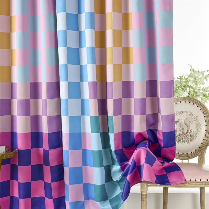 RoomTalks Multicolored Checkerboard Blackout Window Curtains for Bedroom Living Room 84 Inches Length 2 Panels, Mid Century Modern Aesthetic Curtain Panels Colorful Vibrant Checkered Window Drapes