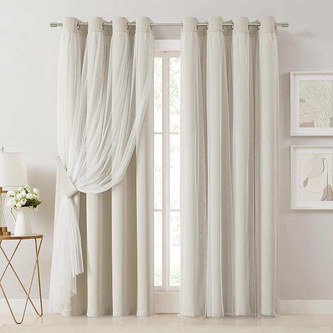 Bujasso Beige 80% Blackout Curtains with Sheer Overlay Mix and Match Double Layer Thermal Insulated Window Panels 84 inch for Living Room Bedroom Beige Drapes with Tiebacks Grommet Top 54" Wx84 Lx2