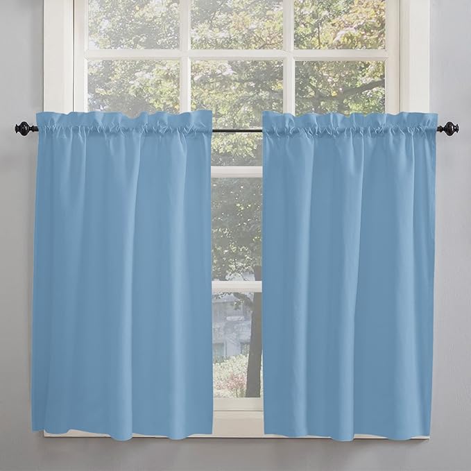 45 Inch Long Tier Curtains for Kitchen, Solid Color Dusty Blue Bathroom Window Curtains Rod Pocket Short Curtains Window Treatment Tiers for Living Room Farmhouse 2 Panels