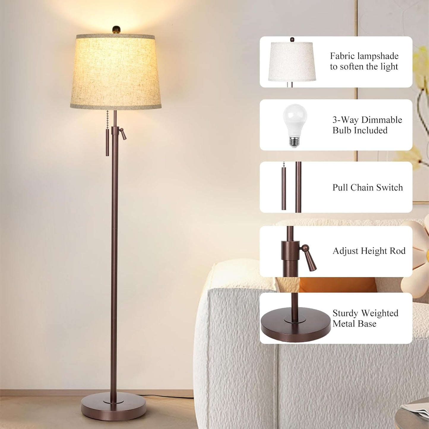 Modern Floor Lamp Adjustable Height Standing Lamp Tall Lamp with 3 Color Temperatures Floor Lamps for Living Room Bedroom Office Beige Shade Bulb Included-Brown