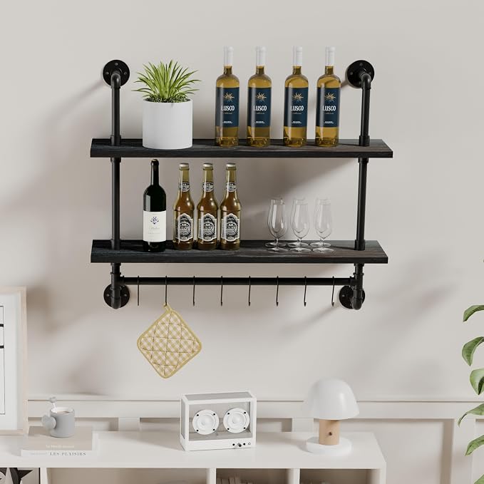 ROGMARS Industrial Pipe Shelving Pine Wood Floating Shelves for Wall | 30 inch Kitchen Wall Mounted shelves Bathroom Shelves with Towel Bar Coffee Bar Shelf with Hooks for Living Room Bedroom