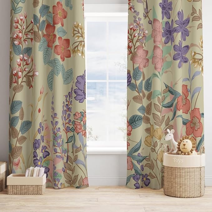 Black 100% Blackout Floral Curtains for Bedroom 84 inch Long 2 Panels Sage Green Vintage Full Light Blocking Room Darkening Window Drapes, Thermal Insulated Black Out Curtain for Living Room 52x84