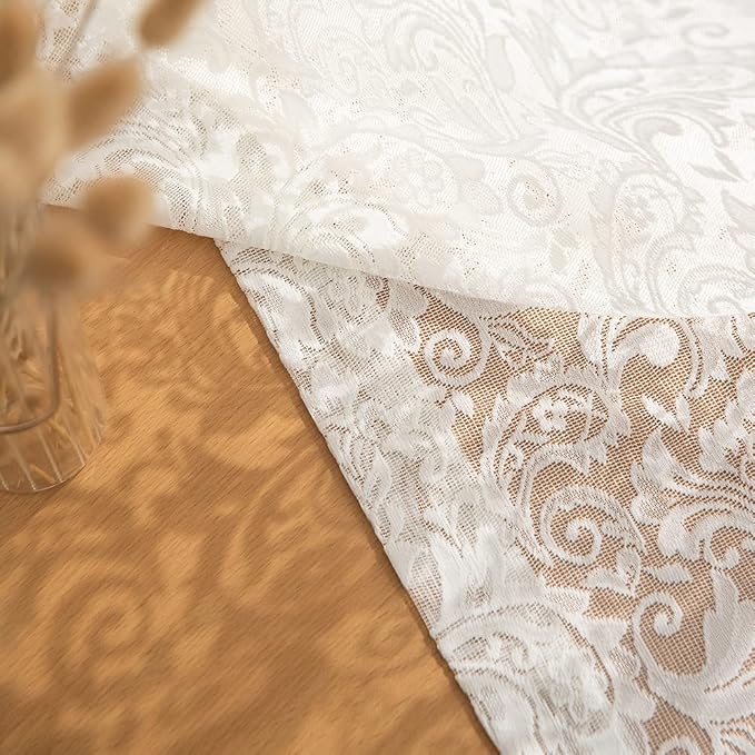 ALIGOGO Ivory Lace Curtains 84 Inches Long - Floral Sheer Curtains for Living Room, Scalloped Privacy Cream Vintage Lace Window Treatments 1 Pair, Rod Pocket, 52 x 84 Inch, Light Beige