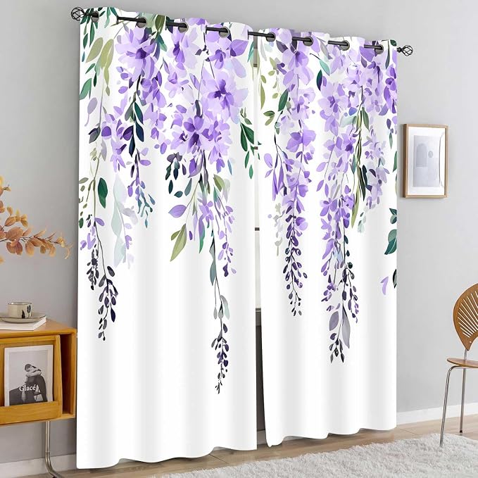 Purple Watercolor Floral Curtains, Botanical Leaves Vine Flowers Curtain, Rustic Farmhouse Flower Leaf Blackout Window Treatment Drapes for Bedroom Living Room 52x90 inch, 2 Panels
