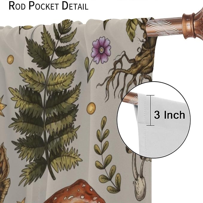 Vintage Mushroom Curtains, Gohtic Mystical Witch Magic Poison Rustic Forest Mushroom Plants Flowers Moth Blackout Window Curtains for Kitchen Bedroom Livingroom, 63" W X 72" L