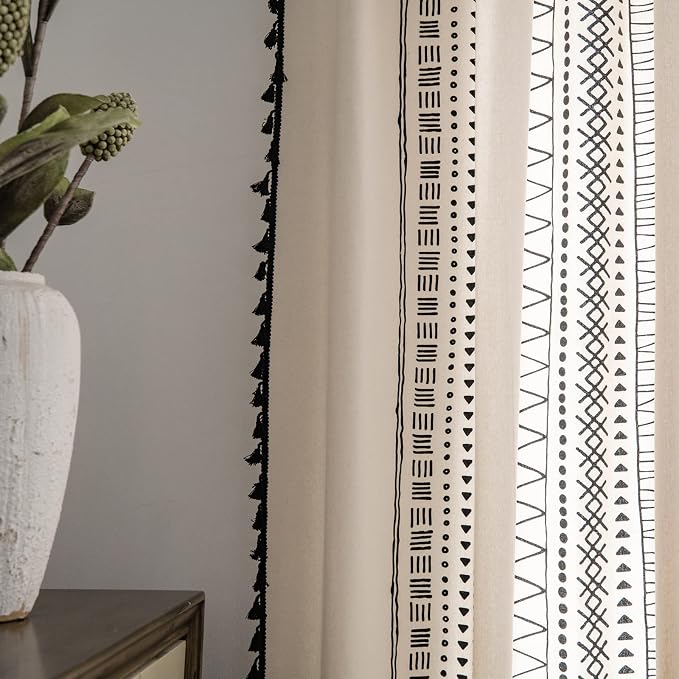 Sutuo Home Boho Curtain 84 Inches Length for Bedroom, Printed Cotton Linen Geometry Rod Pocket Chic Semi Blackout Bohemian Tassels Window Treatment for Living Room, 1 Panel 59" W x 84" L, Black