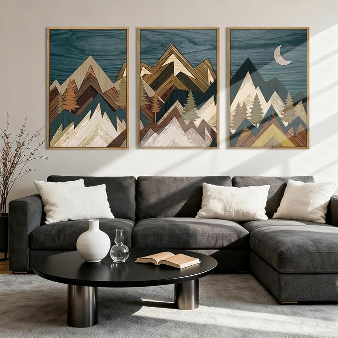 BINCUE Extra Large Mountain Wall Art Moon Froest Wall Decor Nature Landscape Art Print Framed Mountain Artwork Farmhouse Rustic Wall Paintings Large Landscape Artwork for Living Room Bedroom Office 24x36 Inches Set of 3