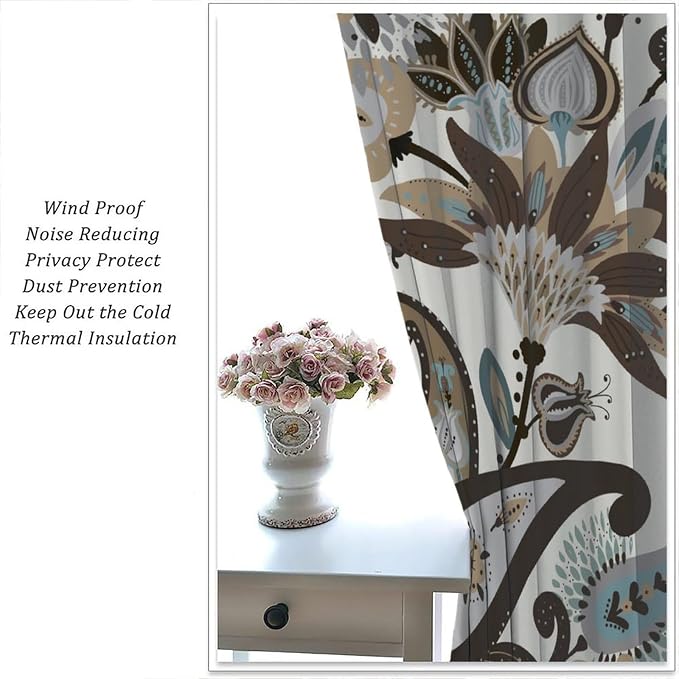 Paisley Floral Blackout Curtains, Bohemian-Style Vintage Brown Printed Window Treatments, for Bedrooms and Living Rooms72X63 Inch