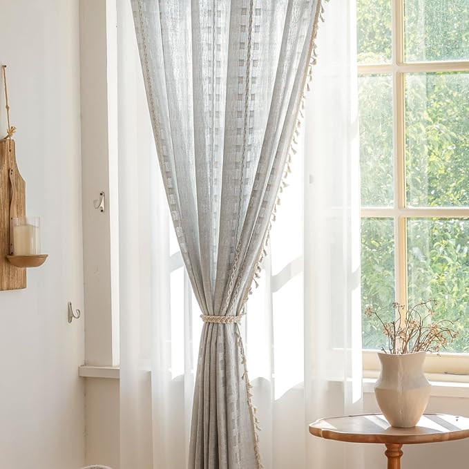 Deeprove Silver Grey Boho Curtain 63 inches Length for Living Room Bedroom Nursery, Retro Casual Bohemian Sheer 63 inches Long Stripe Embroidery Privacy Window Tassel Decor W52 x L63, 1 Panel