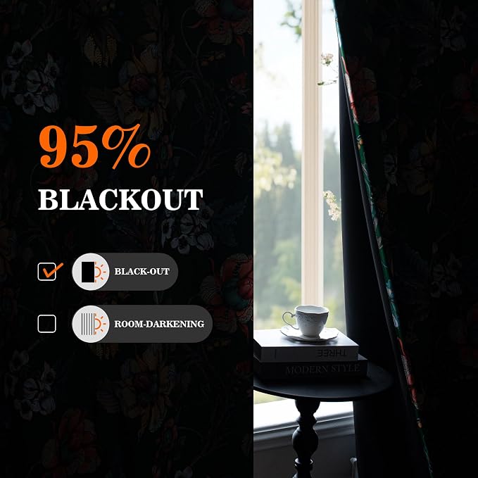 MYSKY HOME Green Floral Blackout Curtains 45 Inch Length 2 Panels Set Bedroom 95% Black Out Thermal Insulated Room Darkening Curtain Printed Flower Vintage Style Grommet Window Panels, Pack-2