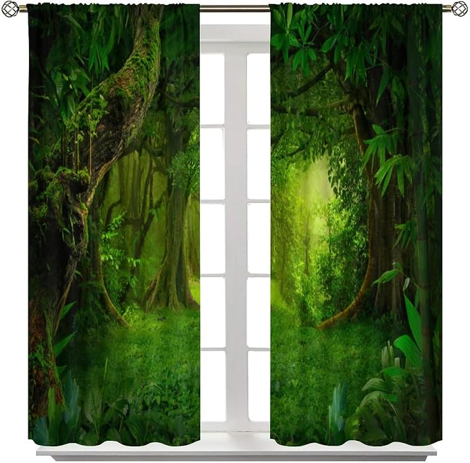 Grey Forest Blackout Curtains for Bedroom,Cartoon Watercolor Nature Mountains Misty Forest Plants Trees Print for Kids Boys Girls Living Room Bathroom 52x96in