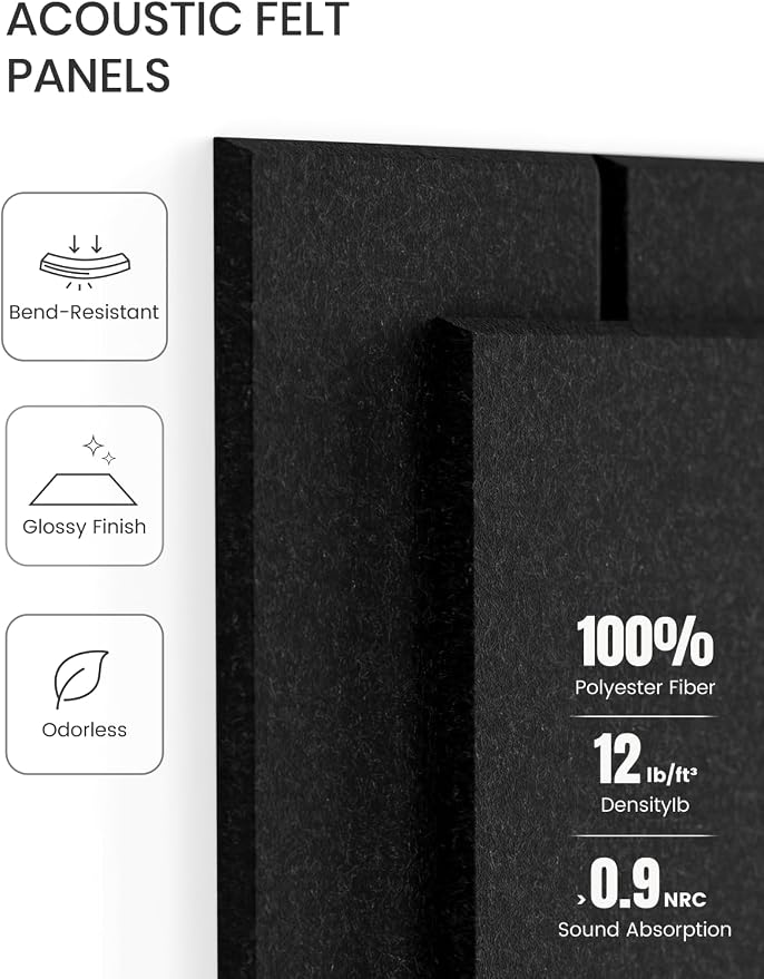 Fluxynara Felt Bulletin Board Tiles Large 48" x 36" Cork Board Alternative-12 Pack with 64 Adhesive Tabs, Thick Slat Wall Panels for Office Decor, Push Pin Board Wall Organizer Alternative -Black