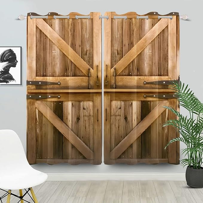 Vintage Wooden Door Curtains Rustic Geometric Pattern in Yellow and Brown - 21x45 Inch, 2 Panels