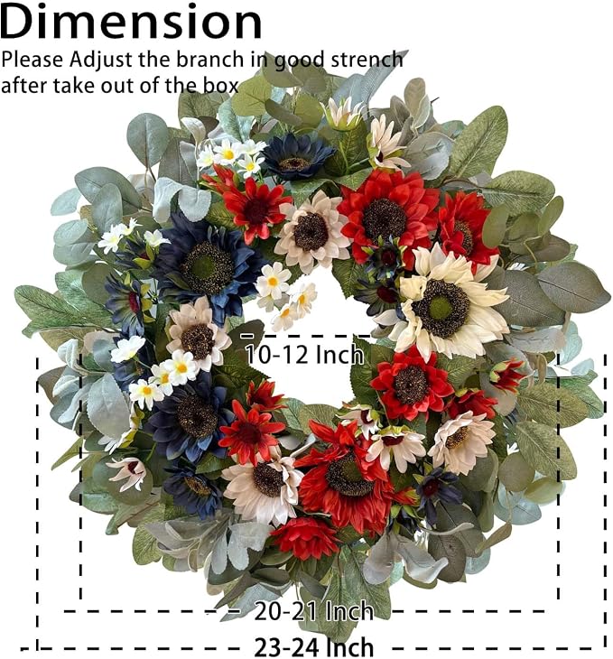 WANNA-CUL 24 Inch Patriotic Sunflower Wreath 4th of July Front Door Wreath | Red White Blue Summer Memorial Day Independence Day Labor Day Wreath for Indoor Outdoor Holiday Decor