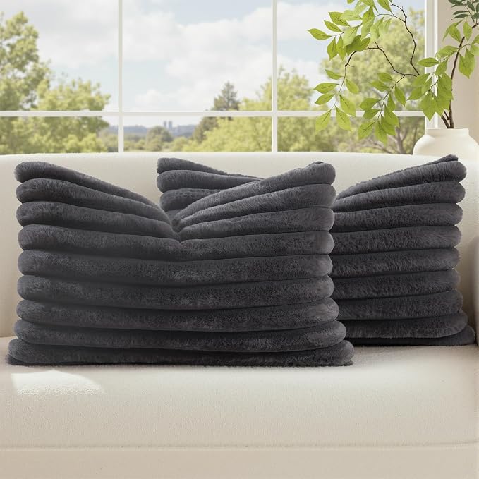 decorUhome Fall Cozy Faux Fur Throw Pillow Covers 12x20 Set of 2 Decorative Soft Plush Striped Lumbar Modern Farmhouse Boho Couch Pillow Cases with Velvet Back for Sofa Bed Living Room, Dark Grey