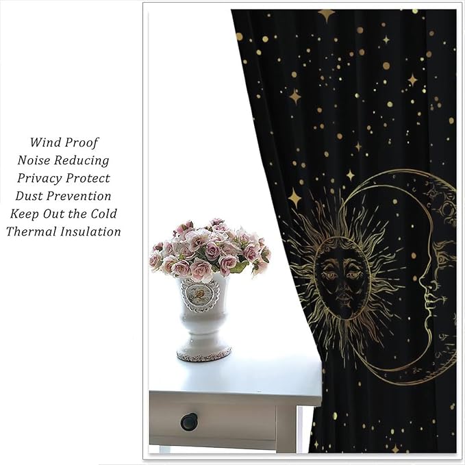 Sun and Moon Blackout Windows Curtains, Golden Planet Star Mysterious Galaxy Curtains Space Curtains, for Living Room Bedroom 72x63in 2 Panels