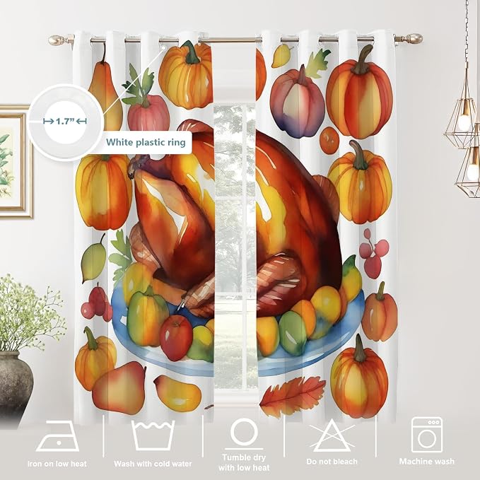 Shrahala Turkey Pumpkin Thanksgiving Thermal Insulated Blackout Window Curtains, Watercolor Fruits Delicious Food Pears Long Drapes for Bedroom/Living Room with Plastic Grommet, 52X63 Set of 2