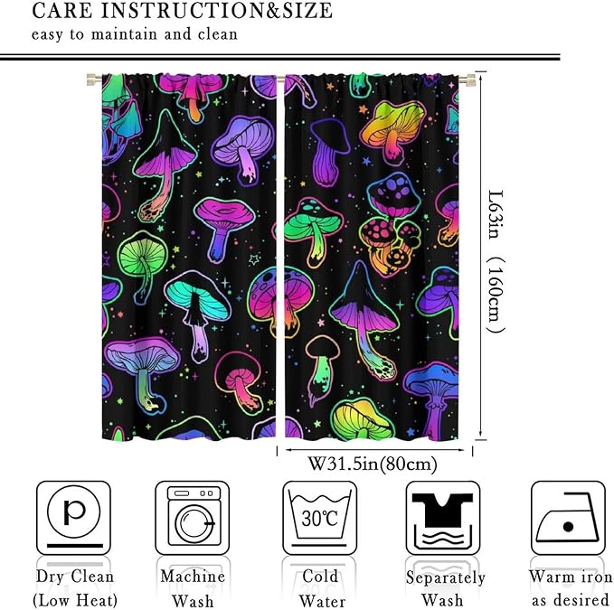 Mushroom Curtains Colorful Cartoon Plant Print Window Treatments for Bedroom Living Room Kitchen Fantasy Psychedelic Mushroom Window Drapes 2 Panels Set,Total Size 63 x 63 Inch
