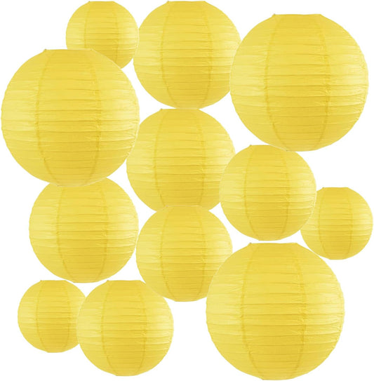 12Pcs Round Paper Lanterns Assorted Sizes (6" 8" 10" 12") for Home Decor, Restaurant, Church, Wedding, Birthday Party Decorations, Hanging Chinese Japanese Paper Lantern Lamps (Yellow)