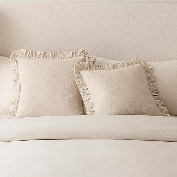 Foindtower Set of 2 Decorative Soild Fringe Ruffle Throw Pillow Covers Soft Boho Farmhouse Cushion Cover Cozy Accent Retro Pillowcase for Couch Sofa Bed Living Room Home Decor,20×20 Inch,Natural Beige