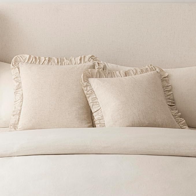Foindtower Set of 2 Decorative Soild Fringe Ruffle Throw Pillow Covers Soft Boho Farmhouse Cushion Cover Cozy Accent Retro Pillowcase for Couch Sofa Bed Living Room Home Decor,22×22 Inch,Natural Beige