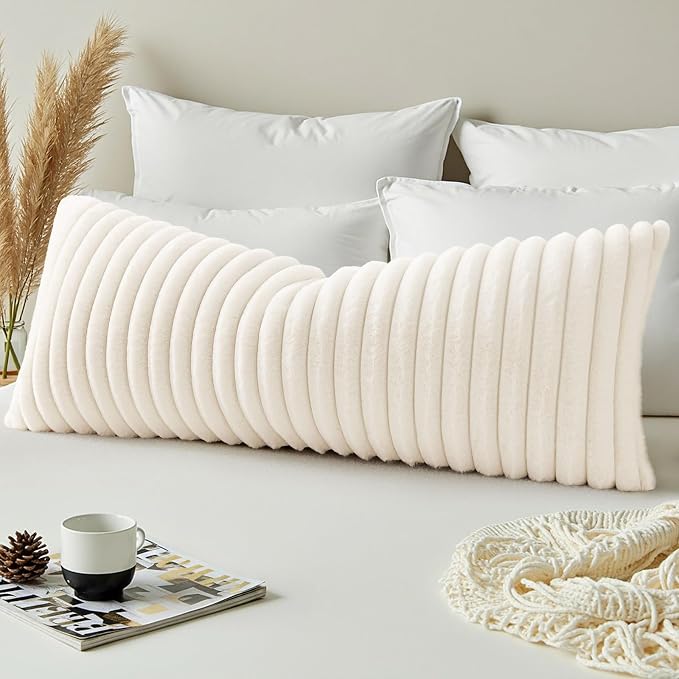 decorUhome Fall Cozy Faux Fur Throw Pillow Covers 14x36 Pack of 1 Decorative Soft Plush Striped Lumbar Modern Farmhouse Boho Couch Pillow Cases with Velvet Back for Sofa Bed Living Room, Cream White