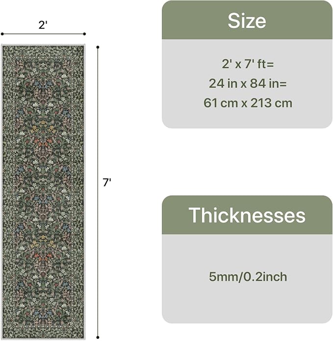 GENIMO 2x7 Washable Runner Rug for Hallway, Non Slip Mat, Emerald Green | Vintage Boho Floral Low Pile Thin Mat for Entryway, Kitchen, Bedroom, Indoor Decor