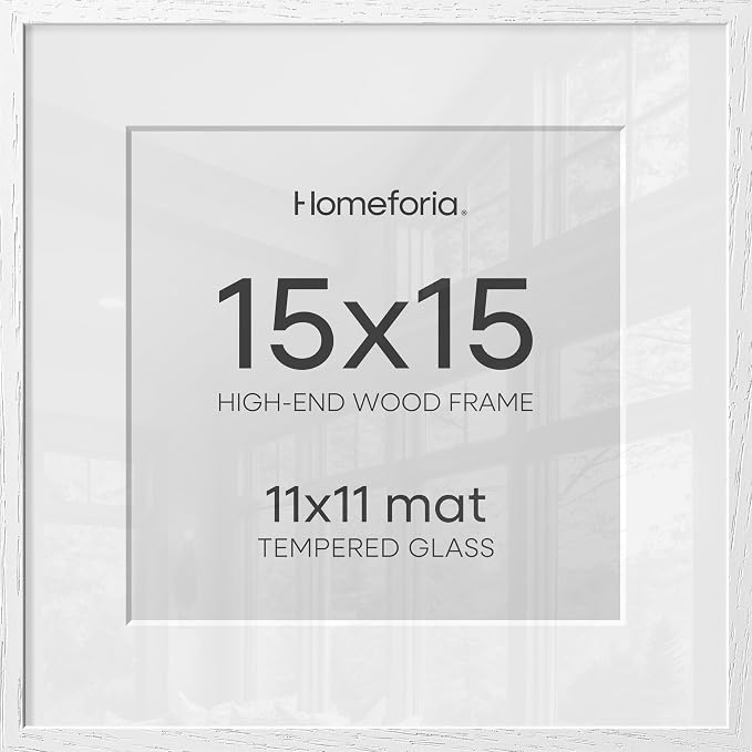 Homeforia 15x15 White Picture Frame, High End Oak 15 x 15 Square Wood Frames with Mat 11 by 11 inches Photo, 15by15 White Wooden Poster Frames Matted to 11x11 Print, Tempered Glass, Wall Kit, Set of 1