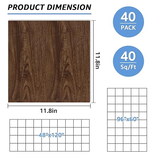 AKOLAFE 40 Sheet Vinyl Flooring 12 x 12 Peel and Stick Floor Tile Waterproof Dark Wood Vinyl Floor Tiles Clearance Self Adhesive Floor Tiles Sticky Laminate Flooring Stick on Bathroom Kitchen Basement