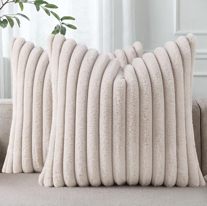 Pallene Faux Fur Plush Throw Pillow Covers 22x22 Set of 2, Luxury Soft Fluffy Striped Decorative Pillow Covers for Sofa, Couch, Living Room, Tan