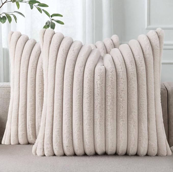 Pallene Faux Fur Plush Throw Pillow Covers 18x18 Set of 2, Luxury Soft Fluffy Striped Decorative Pillow Covers for Sofa, Couch, Living Room, Tan