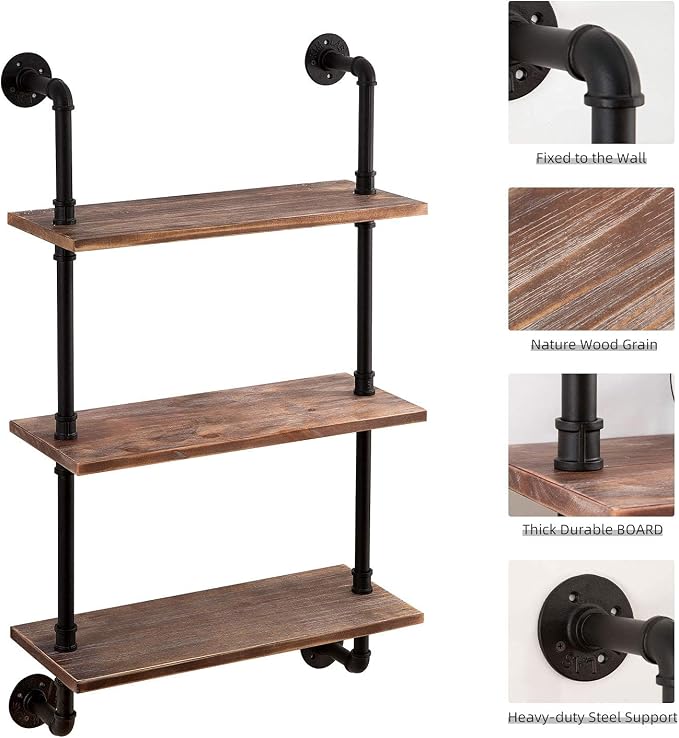 ROGMARS 3-Tier Real Pine Wood Floating Shelf, 20x7.87x41.3in, Industrial Retro Style, Bathroom Wall Shelves, Kitchen Shelves | 20x7.87x41.3in, Industrial Retro Style, Bathroom Wall Shelves, Kitchen Shelves